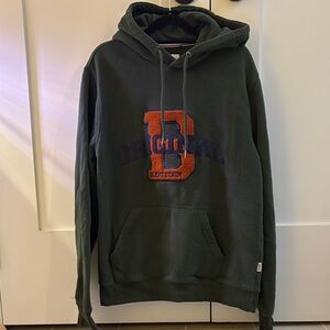 Dark Green Hoodie with Orange and Blue Accents